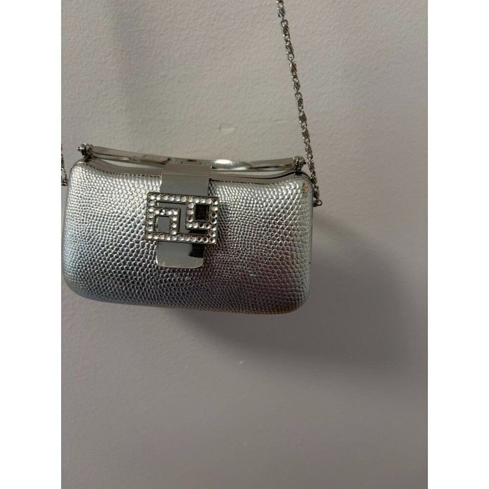 Silver Evening Clutch Bag Rhinestone Buckle Lizard Embossed Minaudiere‎ Small